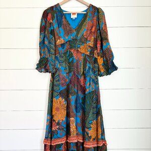 NWOT Farm Rio beautiful floral maxi dress with sheer sleeves and ruffled bottom